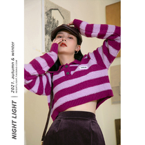 Night Light Soft Glutinous striped POLO collar sweater woman short 2021 Winter new sweet college windy weaselweaters