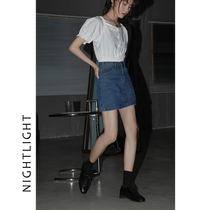 2021 spring luminous black denim skirt skirt Female crotch skirt Thin a-line skirt high waist short skirt