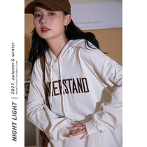 Night Light American Retro Alphabet Embroidered with Hood Sweatshirt Woman Loose Casual 100 Hitch 2021 Winter New Blouses