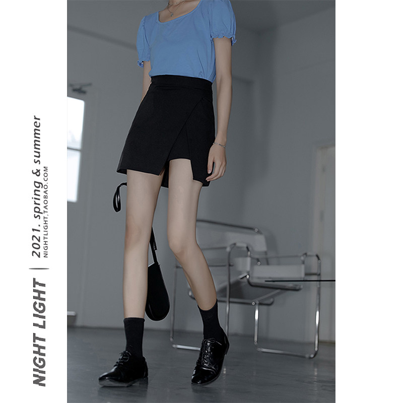 Hip skirt Women's spring and Autumn split high waist slim slim irregular a-line skirt Black large size culottes short skirt