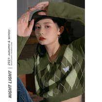 Night Light Academy Wind Rhombus Turtleneck Sweater Women Short of Age Casual 100 Hitch 2021 Winter New Stitch Sweatshirt