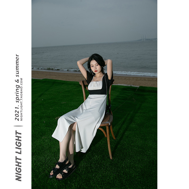 Fa-style square neck foam sleeves with summer harness fake two gentle wind temperament high waist skirt open fork medium long dress