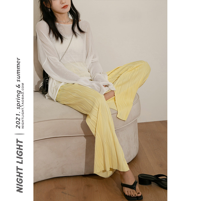 Creatpants high waist pit Bar wide leg pants female summer large size tightness waist striped straight cylinder open fork casual pants tugging long pants