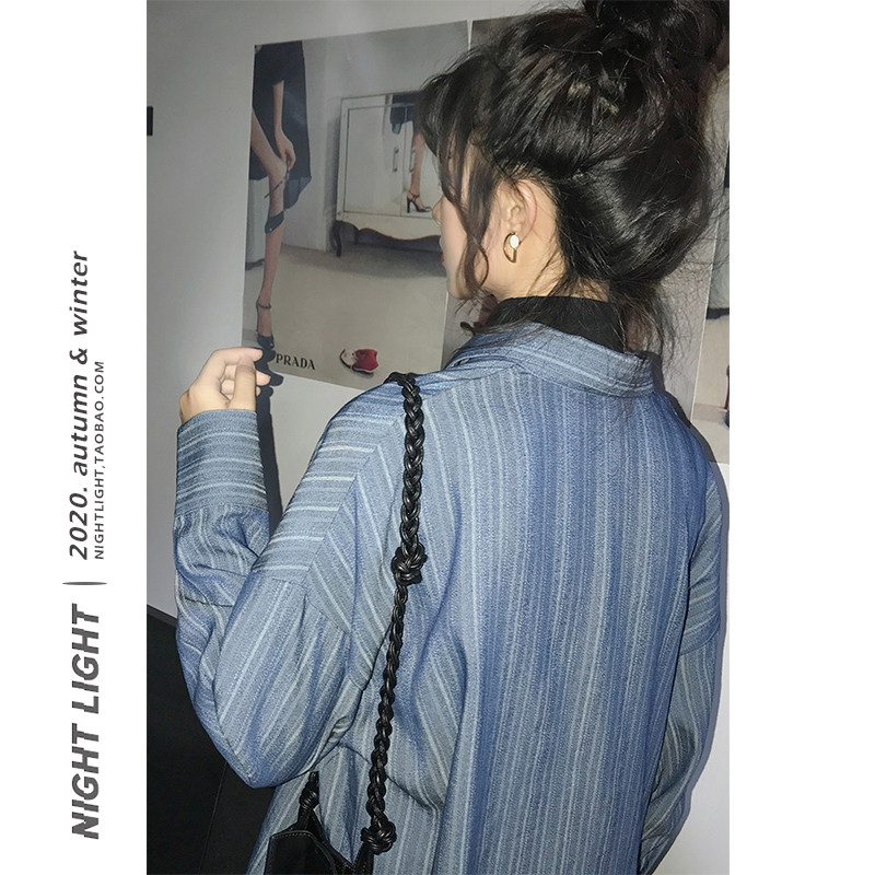 Luminous #Make your own blue friend #Vintage Hong Kong flavor loose long sleeve shirt women's mid-length striped cufflink shirt