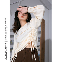 Night Light Vintage Gentleness Fairy Pumping Rope Jacket Head Shirt Woman Round Collar Temperament Reduction Leisure 2021 Fall New