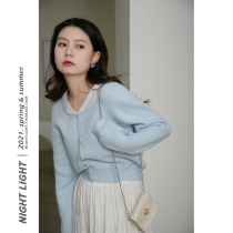 Spring and autumn Lazy Wind Sweater Long Sleeve Short polo collar retro ancient satin lace Lace Turned Collar Splicing Elastic Knit Cardiovert