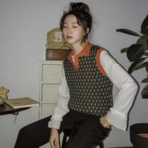 Luminous knitted vest womens vest loose outside sleeveless sweater polo collar vintage plaid sweater