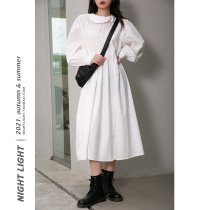 Night Light Pure Desire Fairy White Dress Woman Irregular Collar Loose and reduced age Brief about 100 lap 2021 autumnal dress