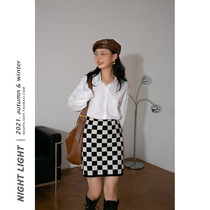 Luminous ins net red wind chessboard lattice short dress female horseradish temperament High waist 2021 Winter new A character half body dress