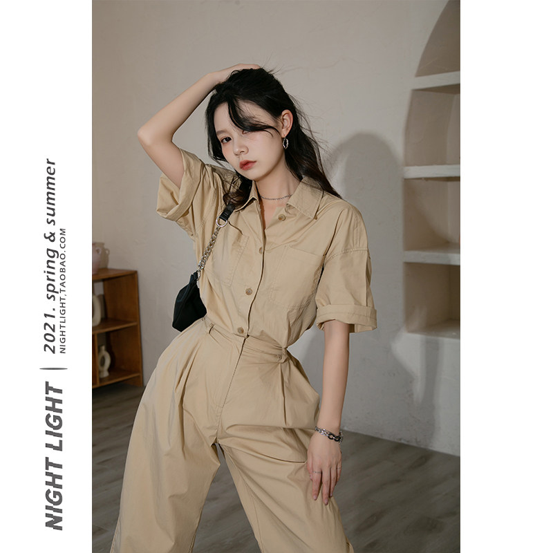 Luminous nightlight overalls jumpsuit women's pocket waist khaki nine-point pants loose slimming jumpsuit