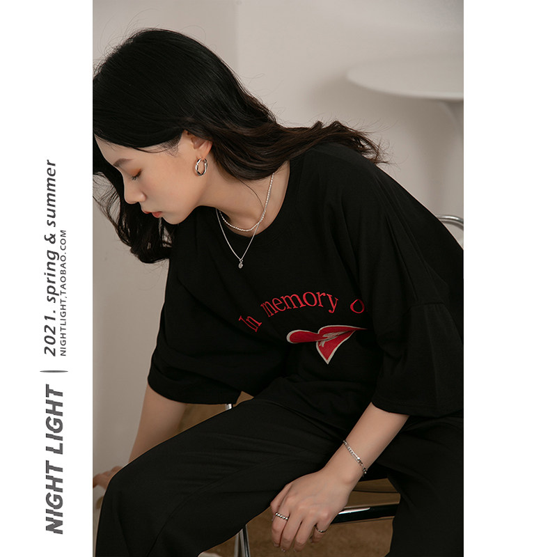 Short-sleeved T-shirt women's summer loose mid-length version love print cotton top five-point sleeve half-sleeve T-shirt couple wear