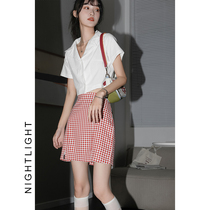 Nightlight Plaid a-line skirt Vintage high waist thin split skirt Student skirt Hip skirt