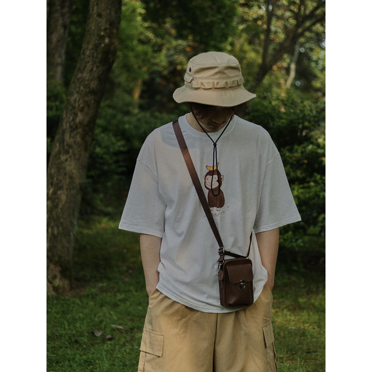 Crisis Youth Printed Short Sleeve T-Shirt Men's Loose Japanese Banana Monkey Retro Round Neck Simple Summer Trendy Tee
