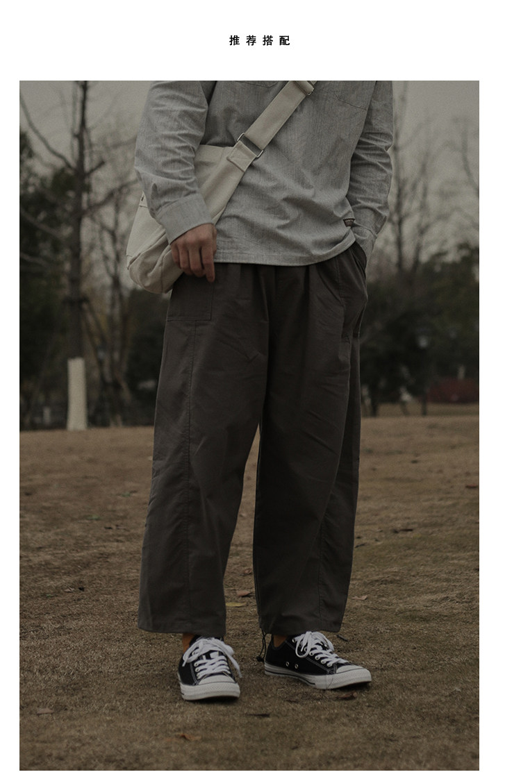夏季薄款 复古褶边阔腿宽松工装裤男 日系直筒百搭九分休闲裤男潮详情2