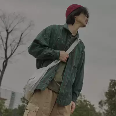 Crisis Youth Retro Green Vertical Striped Cat Bearer Men's OVERSIZE Fall Shoulder Joker Loose Shirt Loose Shirt Tide