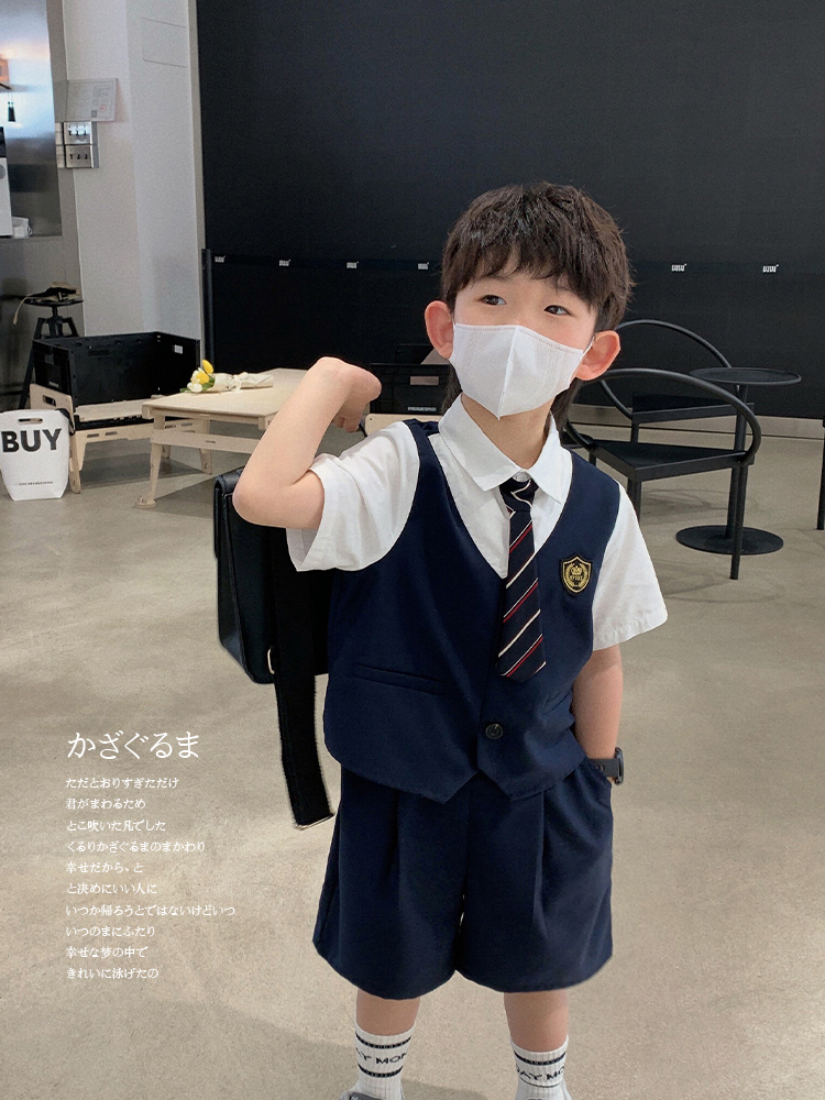 <!--男女童两件套夏季西装套装英伦风儿童假两件薄款短袖短裤学院风套-->