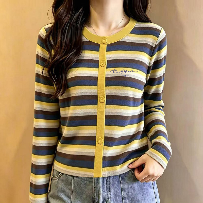 Pure Cotton Korean-Style Yellow Striped T-Shirt for Women, New Autumn and Winter Style, Loose Long-Sleeve Base Shirt Pure Cotton Korean-Style Yellow Striped T-Shirt for Women, New Autumn and Winter Style, Loose Long-Sleeve Base Shirt