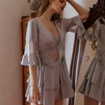 Sexy Eroy Underwear Light Blue Hollowed-out Lace Satin Noodles Splicing Sleeping Robe Bridal Gown Private Room Pyjamas