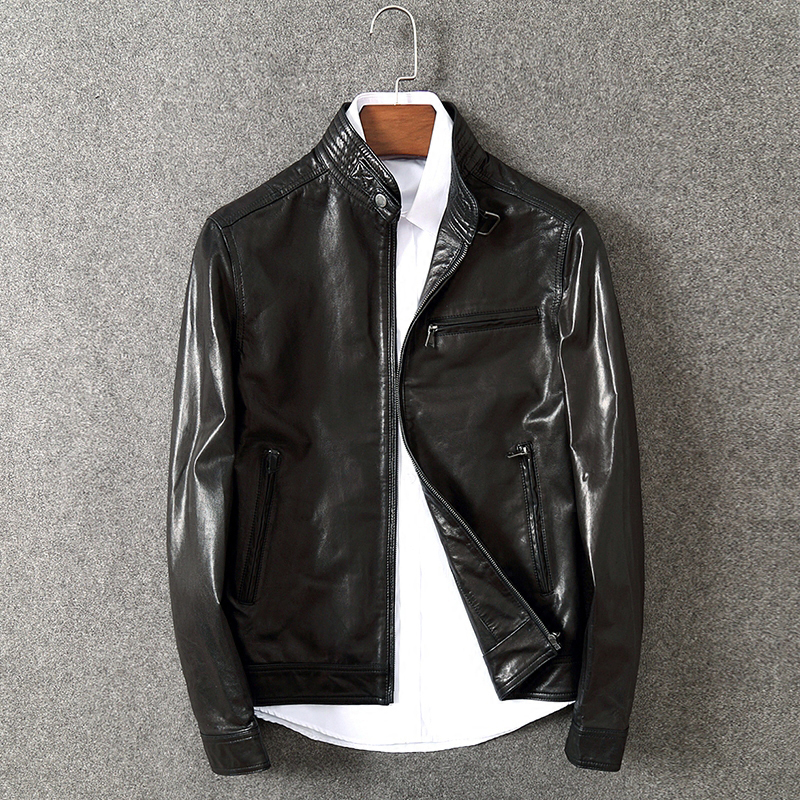 Turkish Imported Goatskin Leather Jacket, Slim Fit Short Stand Collar Trendy Genuine Leather Jacket for Men
