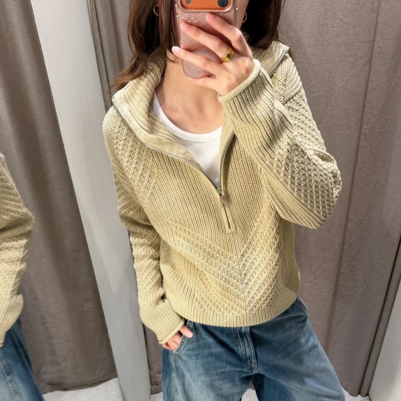 Za's Autumn Casual Long-Sleeve Half-High Collar Solid Color Casual Sweatshirt with Textured Knit Sweater 6771200