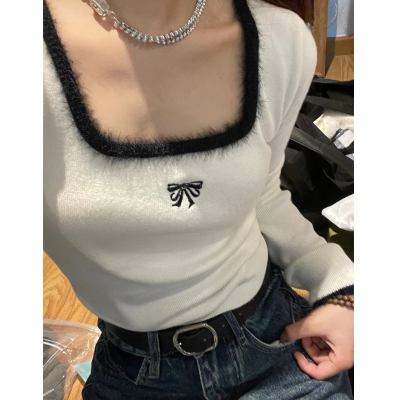 taobao agent Short demi-season long-sleeve, knitted sweater, soft jacket, french style, square neckline, high-quality style