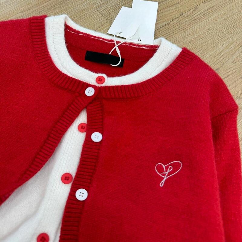 Christmas and New Year Red Fake Two-Piece Cardigan Sweater for Women, Spring and Autumn 2026 New Style, Loose and Lazy Style Knit Top Christmas and New Year Red Fake Two-Piece Cardigan Sweater for Women, Spring and Autumn 2026 New Style, Loose and Lazy Style Knit Top