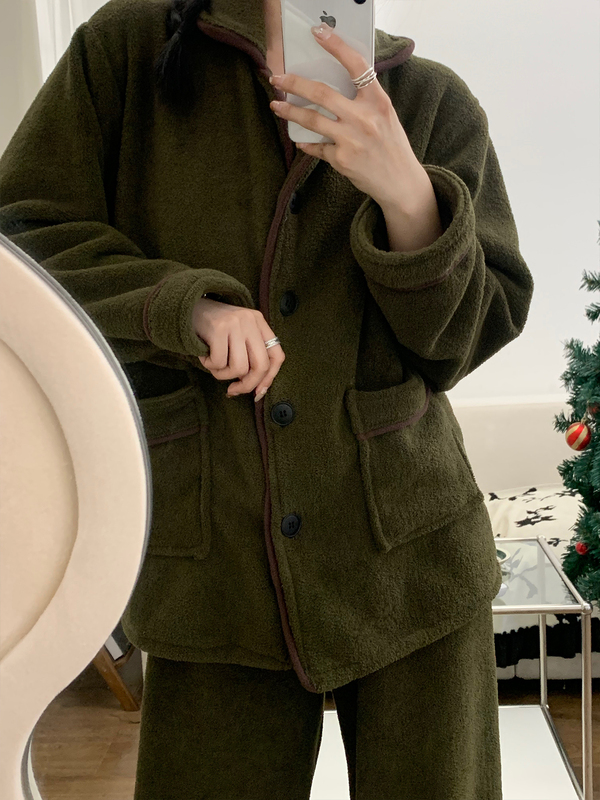 Korean Pajamas, Australian Fleece, Lazy Style, Thickened Long-Sleeved Long Pants, Unisex, Solid Color, ins Plush Autumn and Winter Couple Set