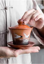 Dehua ceramics black pottery three-cai Gaiwan Kung Fu tea set Single tea ceremony tea bowl Household anti-scalding retro coarse pottery