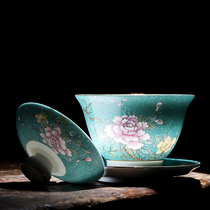 Jingdezhen grilled flowers enamel color ceramic tea set Single size three-cai cover bowl Tea cup lid anti-scalding