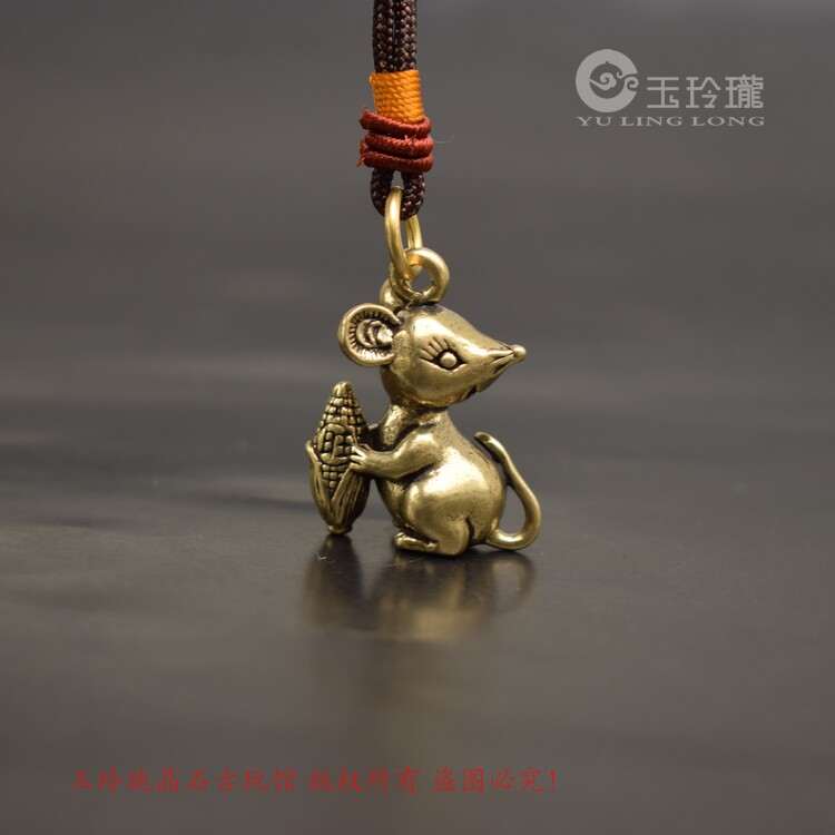 Cute Darling Bronze Sculpture Wanford Small Rat Pendant Solid Brass Mini Zodiac Mouse Key Buckle Hung Bronze Decorated Ancient Play Bronze