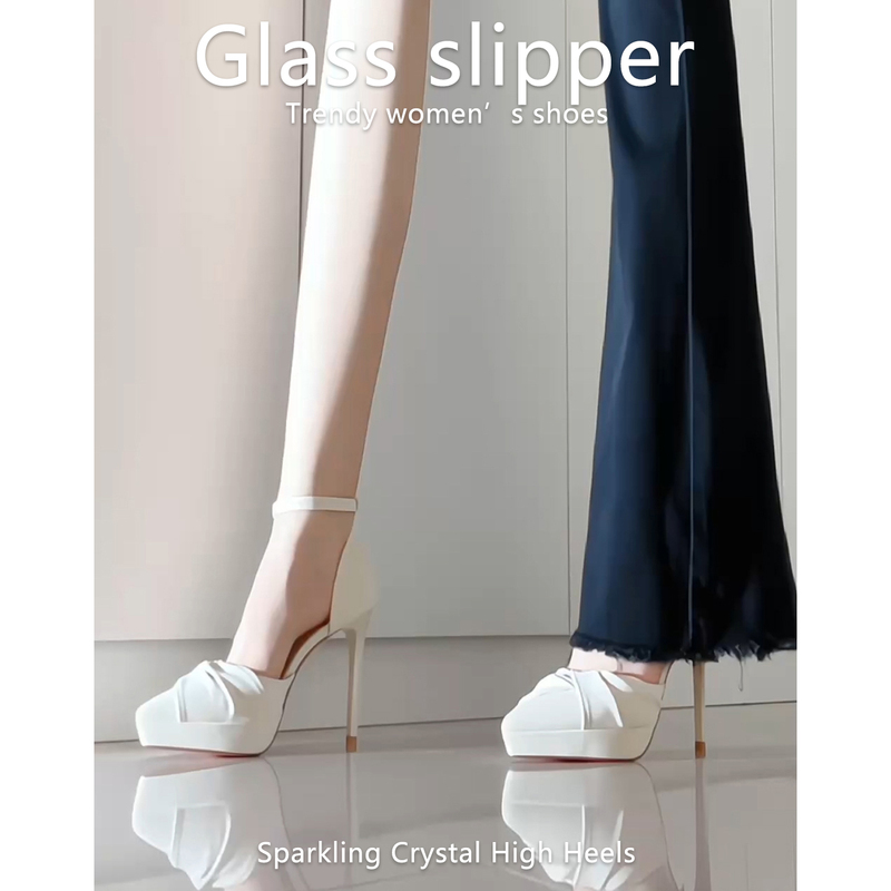 2026m White French-Style High-End Waterproof Platform High-Heeled Shoes for Women with Pleated Design and Stiletto Heel Etiquette Sandals
