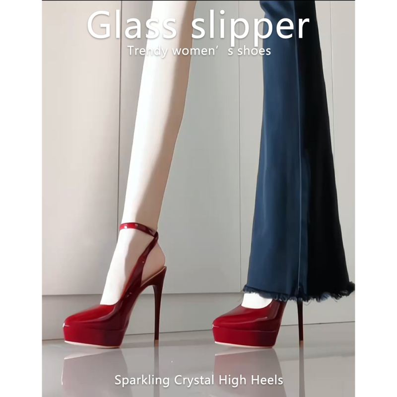 Burgundy One-Strap 2026 Summer New Nightclub Pointed-Toe High-Heeled Shoes for Women, Stiletto Heel, Waterproof Platform, Shallow Sandals 12cm