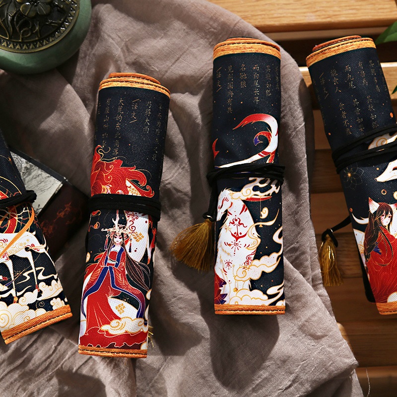 Ancient Wind Mountain Sea Warp Pen Bag High Face Value China Wind Exquisite Wentron Bags Pencil Bag Students Large Capacity Canvas Pen Bag Art Retro Multifunction Scroll Style Cylinder Stationery Cashier Bag