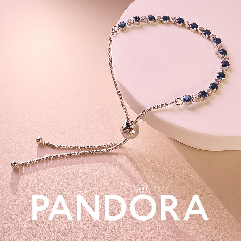 Pandora Blue Crystal Zircon Bracelet Adjustable 598517C01 Valentine's Day Birthday Gift for Women