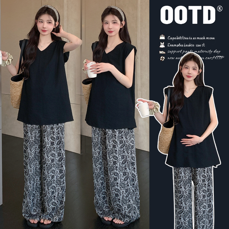 Maternity Suit Summer Wear 2026 New Style Sleeveless Lazy Top Wide-Leg Pants Two-Piece Set for Pregnant Women High-End Outfit