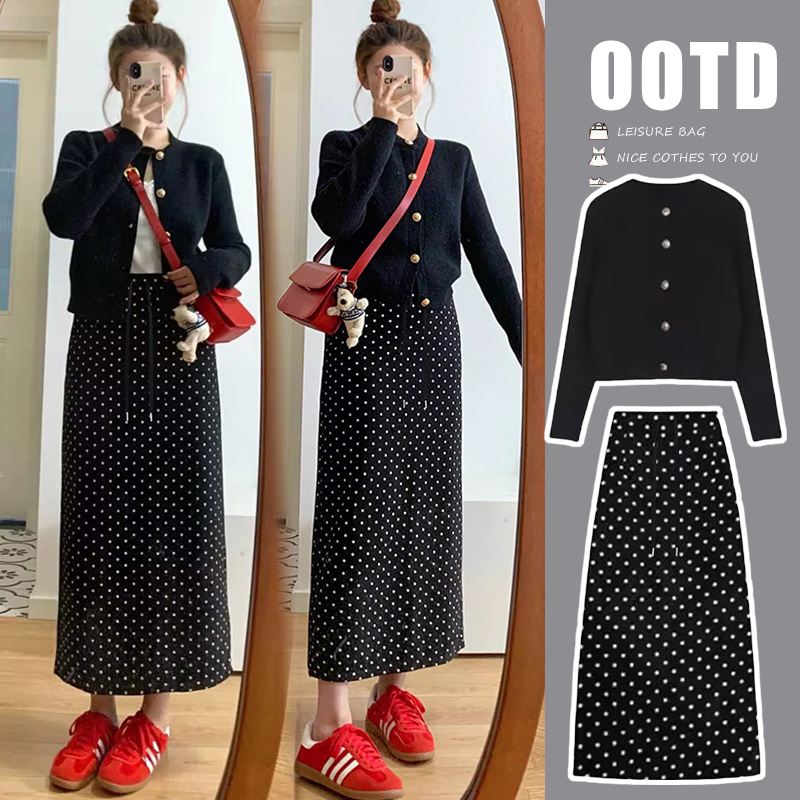 Maternity Suit, Autumn and Winter Style, Fashionable Black Casual Slimming Polka-Dot Skirt + Knitted Long-Sleeved Cardigan Two-Piece Set Maternity Suit, Autumn and Winter Style, Fashionable Black Casual Slimming Polka-Dot Skirt + Knitted Long-Sleeved Cardigan Two-Piece Set