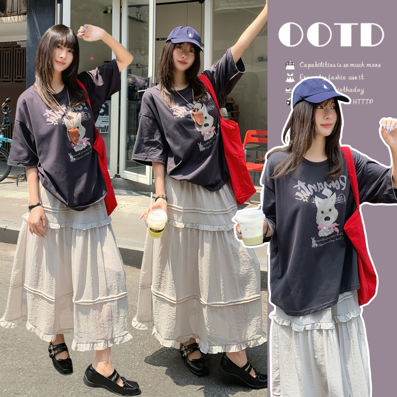 Maternity Summer Outfit, Fashionable and Slimming, Conceals Belly during Pregnancy, Stylish Short-Sleeved Top and Skirt Two-Piece Set