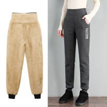 High-waisted sweatpants womens loose bunches in autumn and winter with velvet thickened casual slim and versatile lamb cashmere warm womens pants