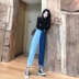 Quần jean nữ mùa thu mới cổng gió thẳng quần rộng eo cao thời trang hoang dã quần chín quần thường thủy triều