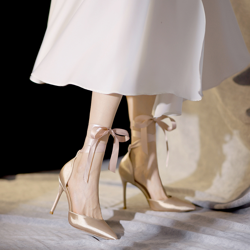 Goddess-Style Nude Pointed-Toe Strappy High Heels for Women, Summer Stiletto Heels, Sexy French-Style Young Girl Bridesmaid Shoes, Elegant Sandals