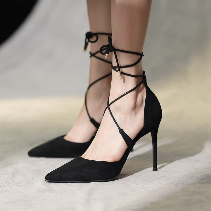 New summer style black suede pointed toe strappy high heels for women, sexy and fashionable closed-toe retro sandals