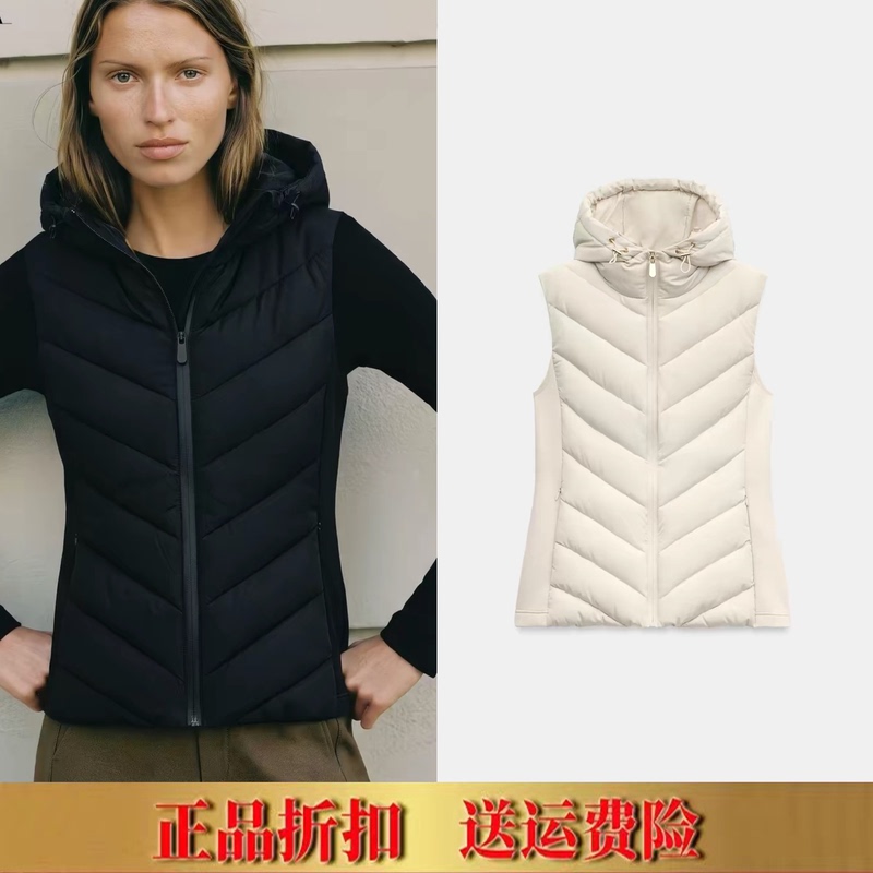 Za's New Autumn and Winter Women's Fitted Stand-Up Collar Patchwork Hooded Cotton Vest Sleeveless Jacket 8073856