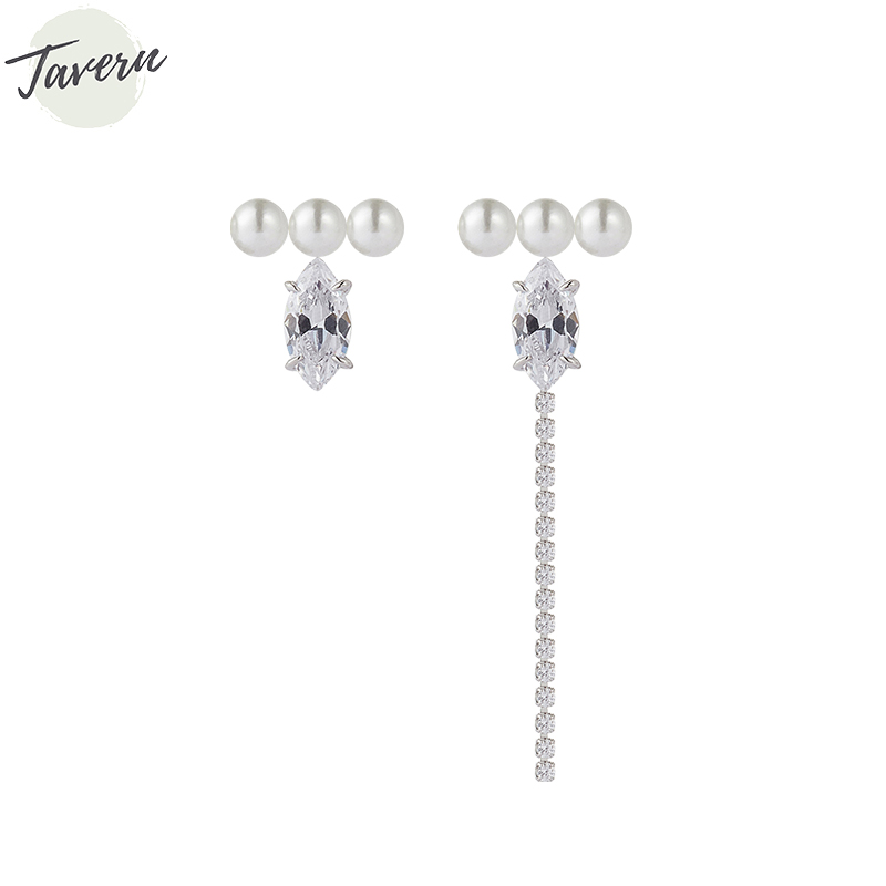 Tavern Pearl Zircon Chain Asymmetrical Flow Su Earring Feminine Fashion Autumn and Winter Ear Decoration Original temperament