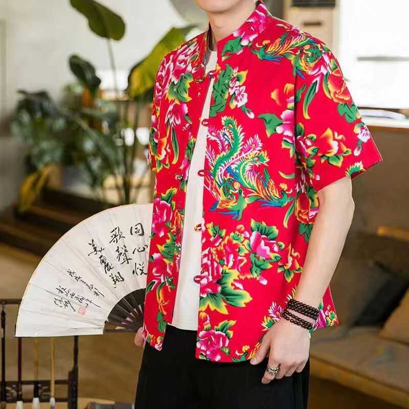 New Northeastern Style Short-Sleeved Shirt for Men, Ethnic Style, National Trend Printed Shirt, Summer Oversize Casual Jacket