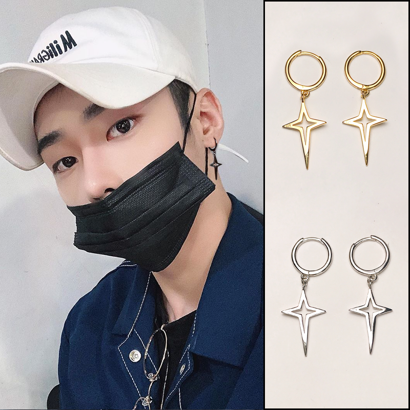 New Street Cross S925 Silver Earring Single Stud Earrings Men's Personality Earrings Women's Hip-Hop Earrings Trendy Earrings