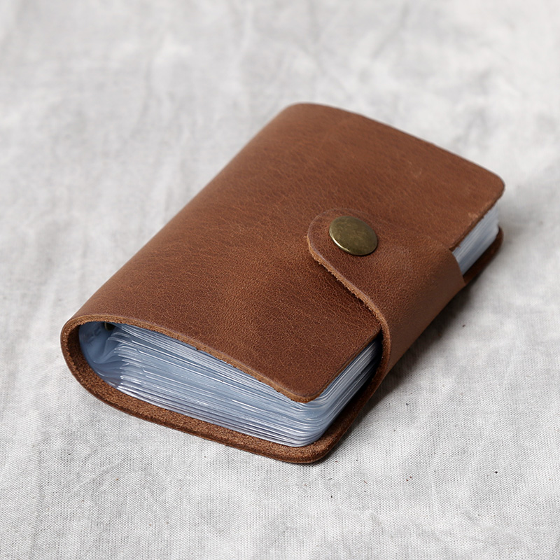 The first layer of cowhide card holder Retro Crazy Horse Pickup Bag Genuine Leather Handmade Simple Large Capacity Mini Ladies Compact Button Type