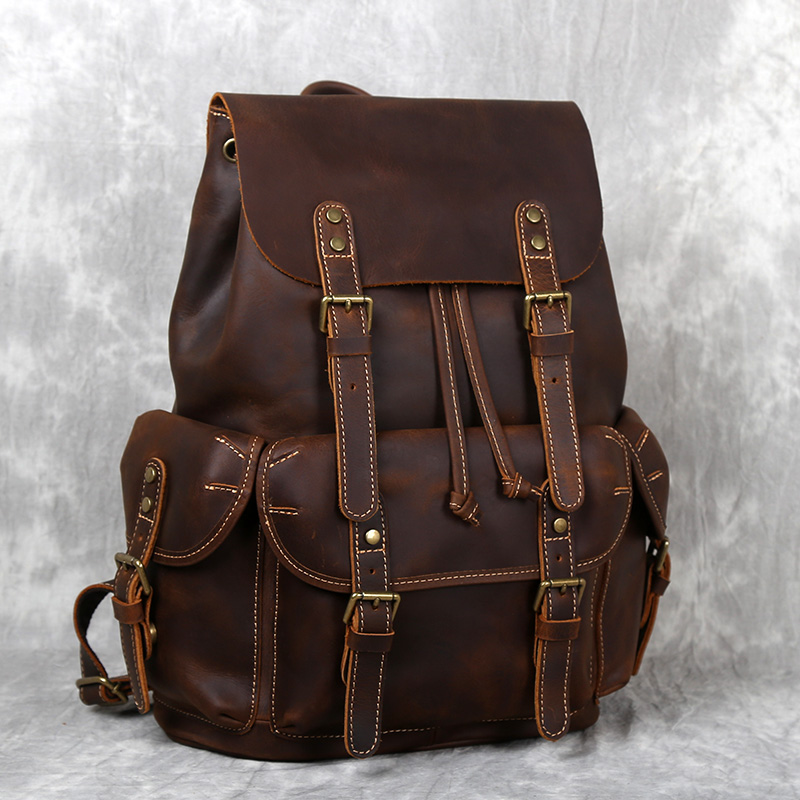 British style men's crazy horse leather backpack retro top layer cowhide backpack simple drawstring genuine leather computer backpack trendy