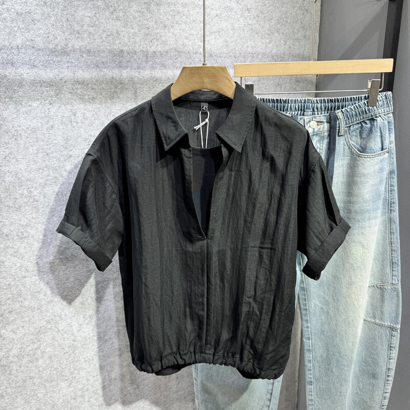 Yiting Summer Fake Two-Piece Double-Layered Lapel Lyocell Short-Sleeve Shirt, Korean Style Fashion Loose Drape Half-Sleeve Top