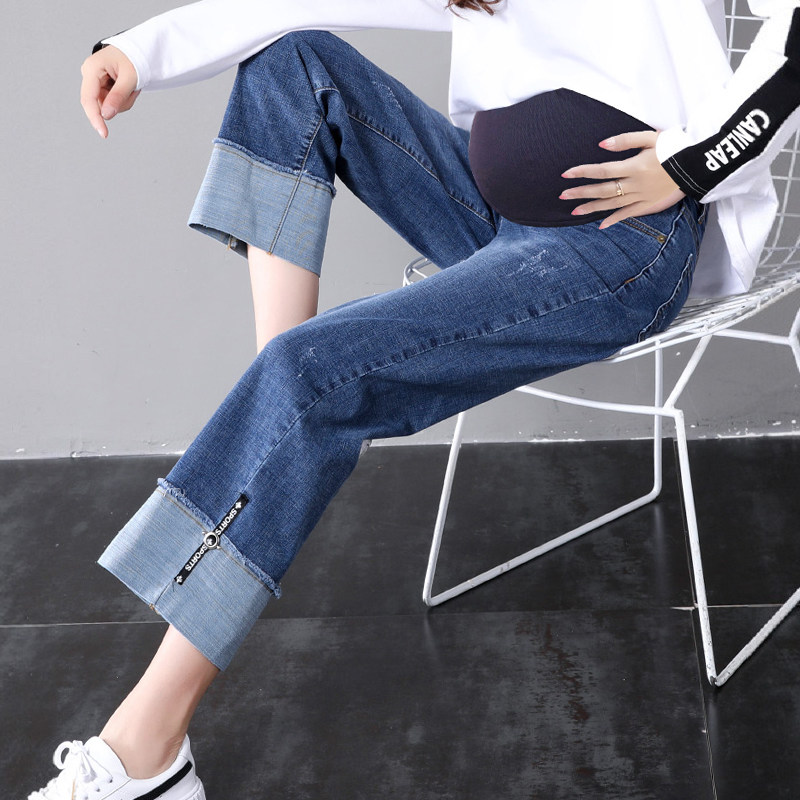 Pregnant Woman Pants Jeans Spring Autumn Money Outside Wearing Spring Clothes Loose Long Pants Tug New Straight Cylinder Wide Leg Smoke Pipe Pants Woman