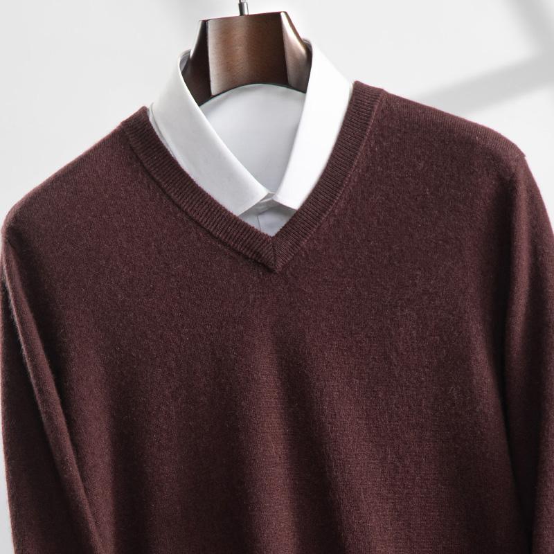 Solid Color Wool Sweater with V-Neck, Business Style Base Layer Knitwear, Autumn and Winter Long-Sleeve Pullover Cashmere Sweater for Men Solid Color Wool Sweater with V-Neck, Business Style Base Layer Knitwear, Autumn and Winter Long-Sleeve Pullover Cashmere Sweater for Men